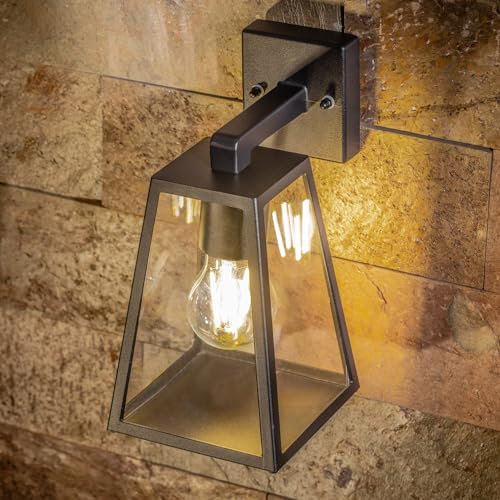 CGC Lighting Outdoor Outside Wall Light Mains Power Aluminium Traditional Lantern LED IP44 E27 (Black)