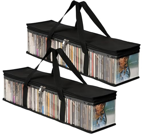 Anseom Lot de 2 sacs de rangement DVD portables transparents avec poignées, support de collection à domicile avec fermeture éclair pour CD/VHS/disques Blu-ray/boîtiers de film/jeux vidéo, transparent