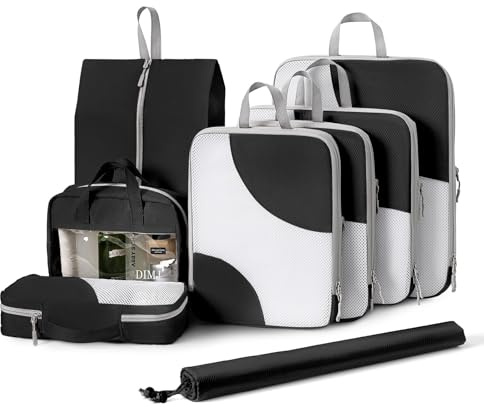 DIMJ Packing Cubes Compression Organizador, Bolsas Compresion Viaje, Organizadors Maleta Viaje, Sistema de Organización para Maletas, 8 Piezas, Negro