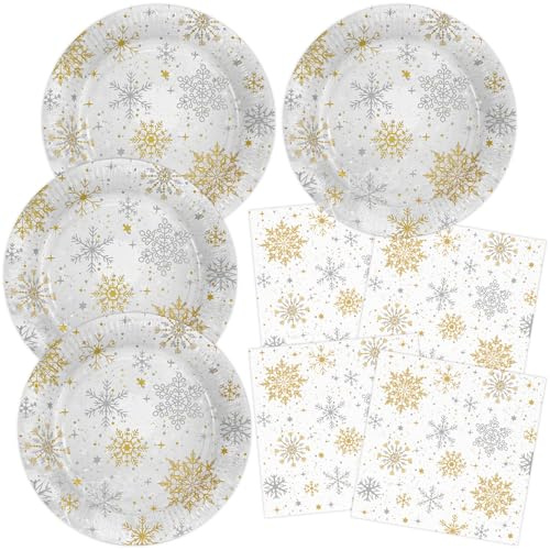HNH Weihnachten Pappteller Servietten Set 40 Stück Gold und Silber Schneeflocken Weihnachtsteller Weihnachtsservietten für Weihnachten Partygeschirr Dekoration