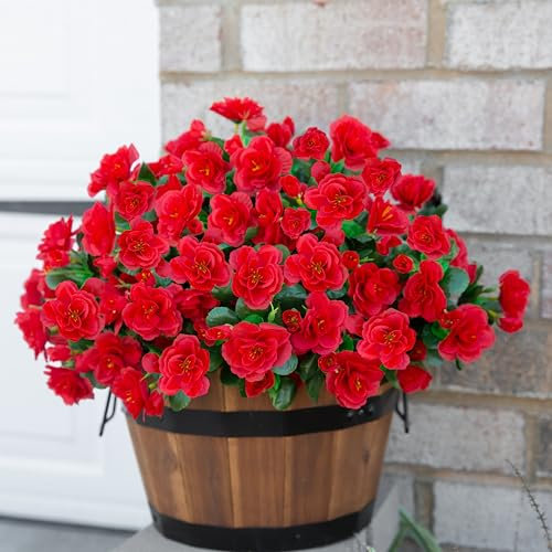 Ivydale Artificial Faux Red Flowers Plants for Outdoor Outside Spring Decor, Fake Silk Camellia UV Resistant Look Real for Planter Porch Patio Balcony Garden Table Indoor, 3 Large Bundles