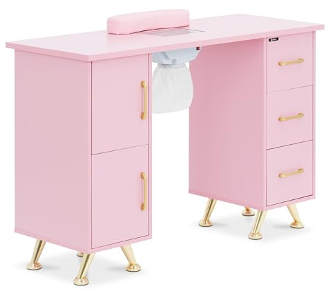 Physa table manucure, rose, doré, 3 tiroirs, 2 étagères, aspiration poussière, repose-main