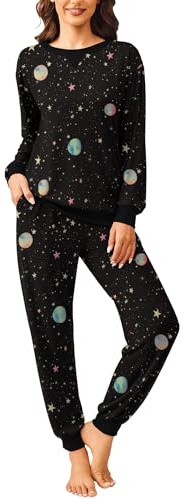 Ekouaer Pyjama Long pour Femme Ensemble Pyjama à Manches Longues Vêtements de Nuit 2 Pièces Hiver Carreaux Col Ronde Vêtements de Détente Loungewear avec Poches Latérales,Noir+planète,M