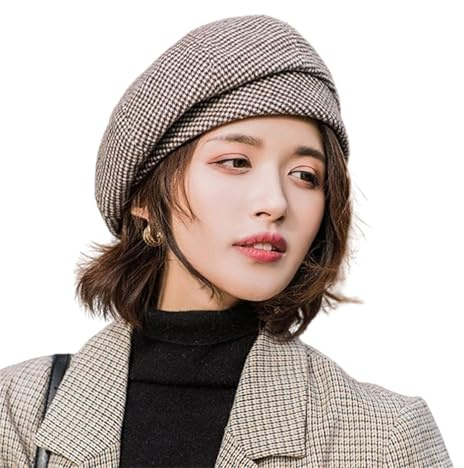 HIQIU Baskenmütze Damen Winter Warm Wolle Mischung Frauen Vintage Achteckigen Plaid Wintermütze Barett Cap Maler Beanie Cap