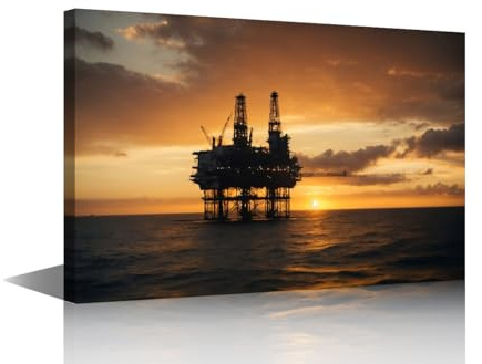 Canvas Wall Art Oil Well An Oil Platform on the Open Sea in the Early Evening Industrial Equipment Pictures Print on Canvas Artwork for Home Wall Decorations Ready to Hang 18x12 in
