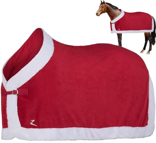 Whyzsjnclg Horse Decke Weihnachten rote Pferdetheets Weiche Fleece Decke warme Winterpferddecke mit weißen Kunstpelzen Kante für Weihnachtspferddecke
