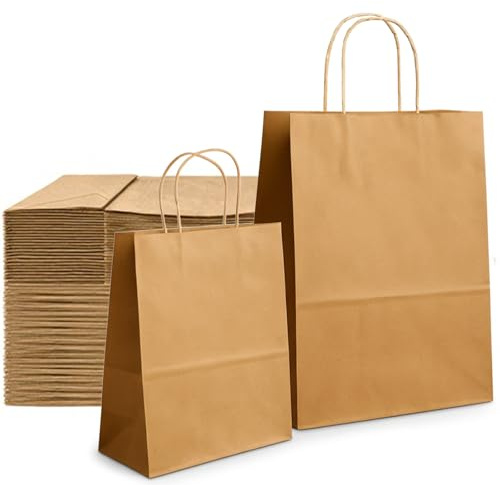 50 Stück Papiertüten in 2 Größen mit Henkel, Robuste Papiertaschen Groß aus braunem Kraftpapier, Ideal als Geschenktüten & Einkaufstüten