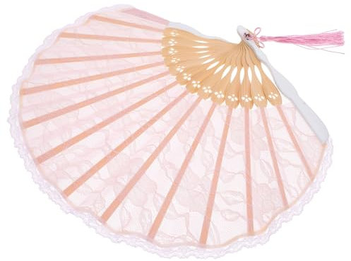 HAWILLOSCH 1stück Eleganter Handfächer Spitze Mit Quaste Vintage Lace Folding Fan Für Hochzeiten Tanzpartys Und Dekoration Handheld Fächer Weiß Mit Rosa Akzenten