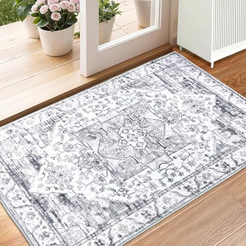 XSIVOD Entryway Rug Indoor Door mat, Grey Small Washable Area Rugs for Kitchen Bathroom Mat, Low Pile Vintage Rug, Non-Slip Bedroom Carpet for Front Door Entrance Welcome Mat, 60 x 90 cm