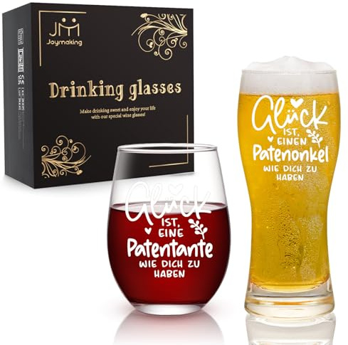 Joymaking Lot de verres à vin et verres à bière avec gravure, cadeau marraine, cadeau pour parrain, cadeau pour la fête des mères, la fête des pères, un anniversaire, 500 ml