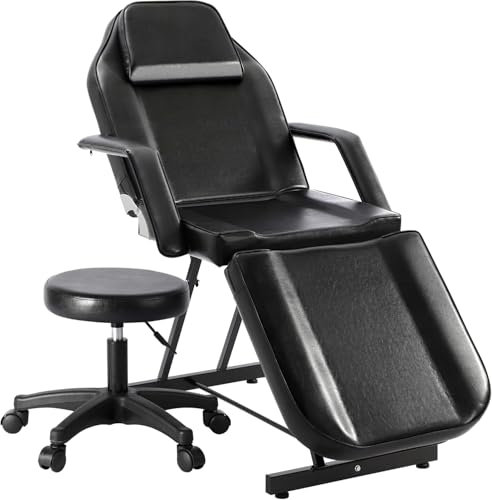 Massageliege Klappbar Kosmetikliege mit Rollhocker 3 Zonen Höhenverstellbar Massagetisch Massagebett mit ergonomischer Kopfstütze, Bezug, Armablage, Kissen (Schwarz)