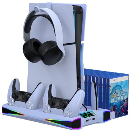 PS5/Slim/Pro Ständer und Kühlstation mit Dual-Controller-Ladestation für PlayStation 5 Konsole, PS5-Zubehör inkl. Controller-Ladegerät, Lüfter, Headset-Halterung, Weiß