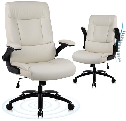 Youhauchair Bürostuhl 200kg für schwere Menschen, Beige | Chefsessel aus PU-Leder, Bürostuhl Ergonomisch mit hochklappbarer Armlehne, Schreibtischstuhl Office Chair