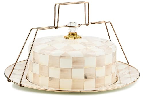 MACKENZIE-CHILDS Enamel Cake Carrier, Cake-Dish Serving Platter with Lid and Handles, Brown-and-White Mocha Check