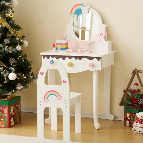 LEADZM Kinder-Schminktisch mit Hocker, hochwertiger Holz-Frisiertisch | für Mädchen mit Schublade und 7 Make-up-Spielzeugen (Weiß)