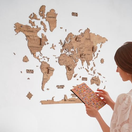 CreatifWood Mapa de Madera 2D para Pared – Mapamundi Decorativo | Planisferio de Pared | Decoración para Salón, Oficina o Dormitorio | Regalo para Viajeros (Dark, 80L x 55l cm)