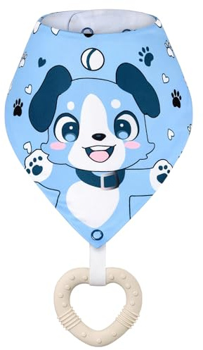 LittleForBig Bavoir Adulte Imperméable 2-en-1-Bandana Petit Bleu avec Anneau Dentition Biscuit pour Chien – Ensemble Bavoir Cartoon Chiot en Soie de Lait et Jouet à Mâcher en Silicone – Tailles