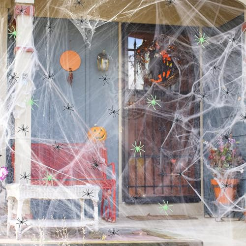XXHUO Toile D'araignée 300g avec Araignée Plastique 40pcs (Noir Et Lumineux), Halloween Decoration Animée pour Intérieure Extérieure Maison Hantée Fête Halloween Déco pour Couvrir 20m²