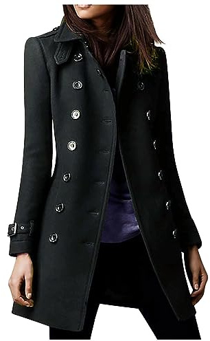 duxyoz Trench Coat For Women Winter Elegant Long Overcoat Long Sleeved Wool Coat With Double Breasted Buttons Mid Length Pea Ladies Casual Office Blazers Outwear Parka Jackets 01 Black S
