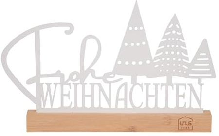 UNUS Aufsteller Frohe Weihnachten mit Tannenbäumen Weihnachtsdeko | aus Metall mit Bambusfuß, 30x19,5 cm in Schwarz oder Weiß, für Tisch, Regal oder Fensterbank