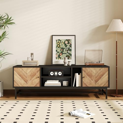 Merax Meuble TV 150 cm – Design Noir et Bois, avec Rangements Multiples, 2 Armoires, 2 Étagères Horizontales et 1 Verticale – Meuble TV Moderne et Fonctionnel pour Salon