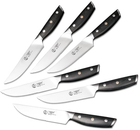YARENH Couteau a Steak 6 Pièces en Acier Inoxydable, Lames Dentelées Tranchantes, Manche G10 Ergonomique, Ensemble Professionnel Couteaux de Table, Coffret-Cadeau, Lave-Vaisselle