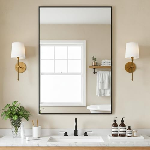 FICTOR Bathroom Vanity Mirror-Black, 36 x 24, Shatterproof & Anti-Rust, Wall Mount Rectangle Mirrors with Metal Frame for Over Sink, Bathroom, Bedroom, Living Room,Entryway