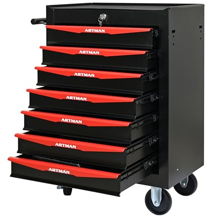 4-7 tiroir poitrine d'outils avec roues, panier de stockage d'outils roulants, organisateur d'outils verrouillage pour garage, atelier, magasin, mécanicien (noir rouge,7 Tiroir)