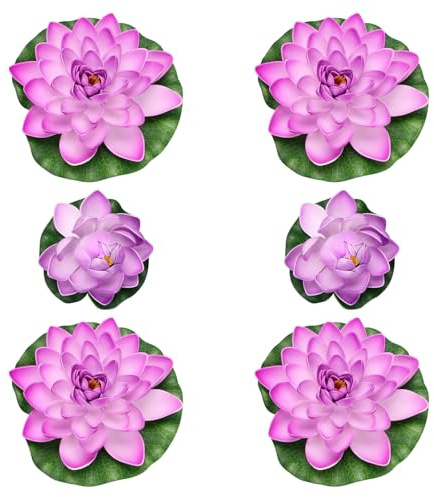 MALUGOGO 6 fiori di loto artificiali galleggianti con ninfee di giglio, in plastica viola, per decorazione stagno, include 2 boccioli medi e 4 fiori grandi, simulazione realistica per la casa e