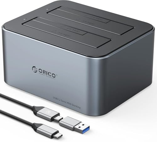 ORICO Base de Conexion Docking Station para Discos de 2.5 y 3.5 con Función de Clonación, UASP, Aluminio USB 3.2 Gen 2 SSD/HDD Estación de Acoplamiento, Soporte 2*18TB, sin Herramientas.