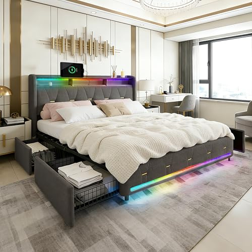 XMFFPM Struttura letto in lino grigio 140x200 cm con illuminazione LED | Cassetti portaoggetti, ricarica USB e Type-C, mensola per testiera, letto imbottito, doghe in legno, senza materasso
