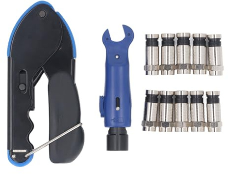 Outil de compression coaxial avec dénudeur de fil et 10 connecteurs RG6 F – Pince à sertir pour câble coaxial compatible avec les câbles RG59 et RG6 – Construction en acier à