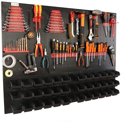botle Panneau à outils mural perforé en métal, boîtes empilables + étagère murale + porte-outils, lot de 63 pièces, pour petites pièces, atelier mural avec 36 récipients empilables noirs, étagère