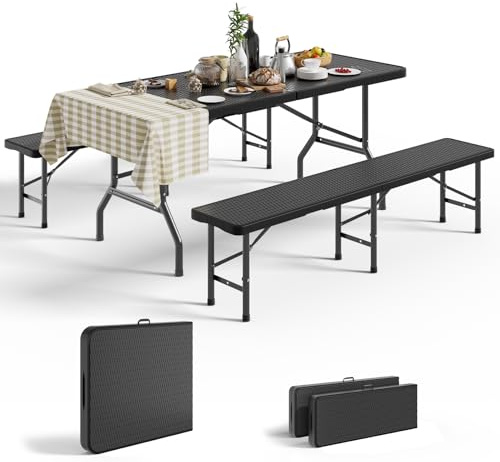 Devoko Bierzeltgarnitur klappbar, Faltbares 3-teiliges Set, Inklusive 1 Tisch+2 Bänke, Biertisch klein, Festzeltgarnitur Set, Faltbare Bierbank, Höhe x Breite x Tiefe: 75x180x75cm, Schwarz