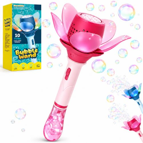 Blumen Seifenblasenstab, Elektronische Seifenblasenmaschine Kinder LED, Bubble Wand Spielzeug erzeugt bis zu 10.000 Seifenblasen/Min für Garten, Party, Geburtstag, Sommer(Rosa)