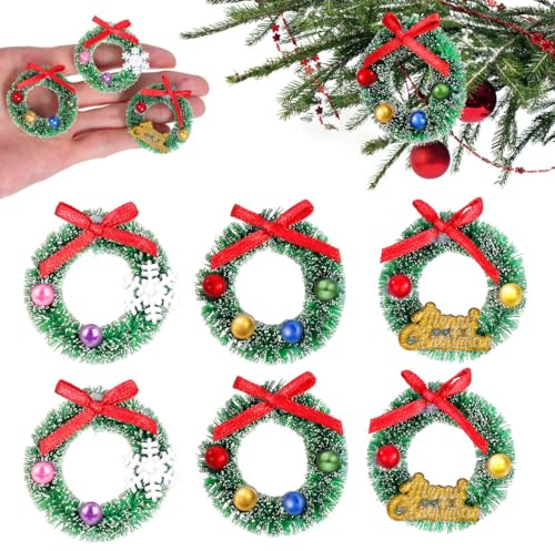 Mini-Weihnachtskranz, 6 Stück, Puppenhaus, künstlicher Weihnachtskranz, Miniatur-Weihnachtsbaum, Frost-Sisal, hängende künstliche Ornamente für Puppenhaus-Verzierungen, Dekoration