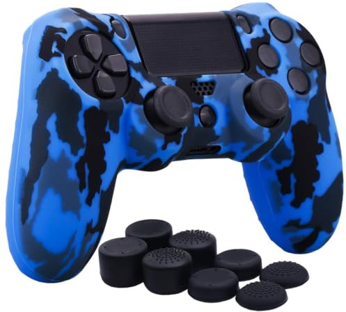 YoRHa Water Transfer Printing Camouflage Silicone Cover Skin Case for Sony PS4/slim/Pro Dualshock 4 Controller x 1(blue) With Pro thumb grips x 8