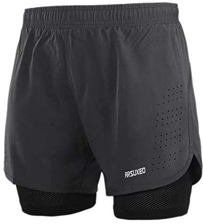 ARSUXEO löparshorts för män, gymshorts med kompressionsshorts 2-i-1 löparshorts för träning, fotboll, basket, Grå, L