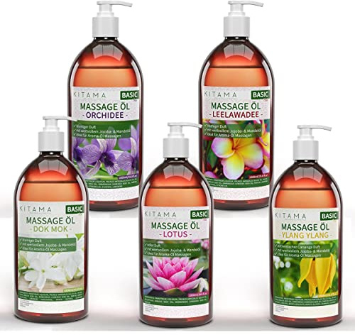 Kitama Massageöl Set Thai Aroma 5 x 1 Liter - made in Germany | Dok Mok, Leelawadee, Orchidee, Lotus & Ylang Ylang. Authentisches Thai Aromaöl für Körperpflege, Wellness, Spa Aromatherapie