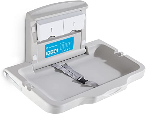 KSITEX Cambiador para bebés, cambiador plegable horizontal con cinturón de seguridad y soporte para pañuelos, cambiadores de pared para baños y aseos comerciales, capacidad de carga 40 libras