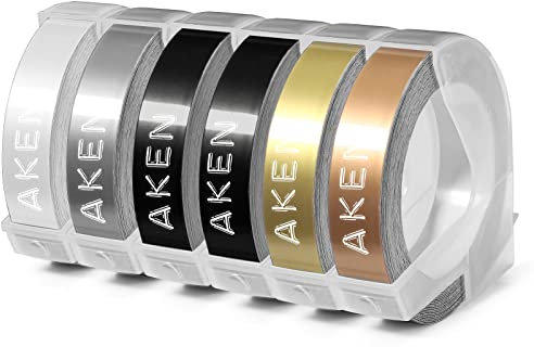 Aken Prägeband 9mm Kompatibel mit Dymo Prägeband 3D Vinyl-Prägeetiketten, Kompatibel mit Gold/Schwarz/Silber/Transparent/Champagner Gold für Prägegerät, 6 Rollen