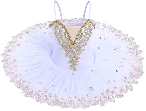 OBEEII Robe de Ballet Paillettes Broderies Ballet Tutu Justaucorps Danse Classique Gymnastique L�otard Costume Blanc C 5-6 Ans