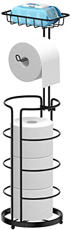 Toilettenpapierhalter Stehend – Toilettenpapierhalter ohne Bohren – Moderner Papierrollenhalter aus Metall – Toilettenpapieraufbewahrung Rollen Halter mit Regal für Mega-Rollen/Handy (Schwarz)