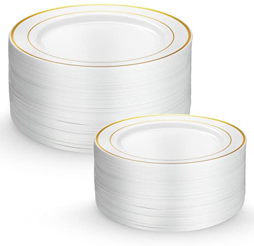 Munfix 60 Gold Plastic Plates Set, 30 Pcs 10.25 Inch Dinner and 30 Pcs 7.5 Inch Dessert Plates, Elegant Fancy Heavy Duty Disposable Plates for Party, Wedding, White with Gold Rim