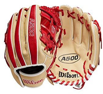 WILSON A500 Utility-Jugend-Baseballhandschuh, 27,9 cm, für Linkshänder, Blond/Rot/Weiß