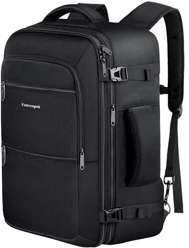 Vancropak Handgepäck Rucksack Herren, Easyjet Rucksack 45x36x20 Reiserucksack Handgepäck Flugzeug, Reisetasche Erweiterbar Travel Backpack für Damen Weekender Business Arbeit, Schwarz