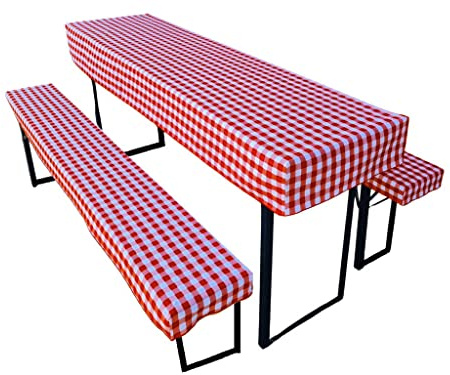 Bierzeltgarnitur Auflage (3er Set) aus 1x Tischdecke und 2X Bierbankhussen. Größe und Farben wählbar. (110 x 60 cm, Rot kariert)