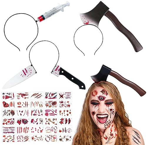 MQIAN 3 Stück Halloween Haarreif Horror, Halloween Messer Im Kopf, Halloween Kopfschmuck Horror, Halloween Axt Im Kopf, Halloween Messer Mit Blut, Halloween Kopfbedeckung, Halloween Haarreif Messer