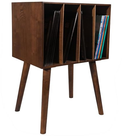 Plattenspielerständer aus Holz, Schallplattenspielertisch mit 4 Schränken, Platz für 100 Alben, Mid-Century Plattenspieler Ständer mit Holzbeinen, Schallplatten-Display Regal für Schlafzimmer
