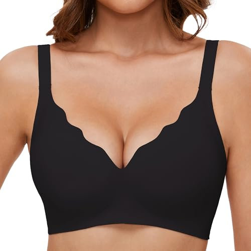 GXOULRRA V Ausschnitt BH Damen ohne Bügel Softschalen Bustier High Elastizität BHS Tshirt Bügelloser mit zusätzlicher Verlängerung Schwarz L